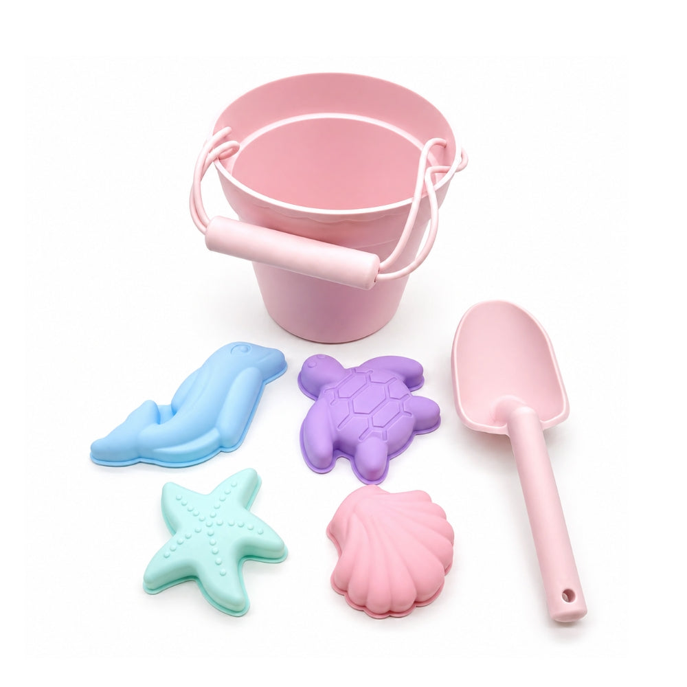 Jouets de plage en silicone (seau, pelle et 4 accessoires)