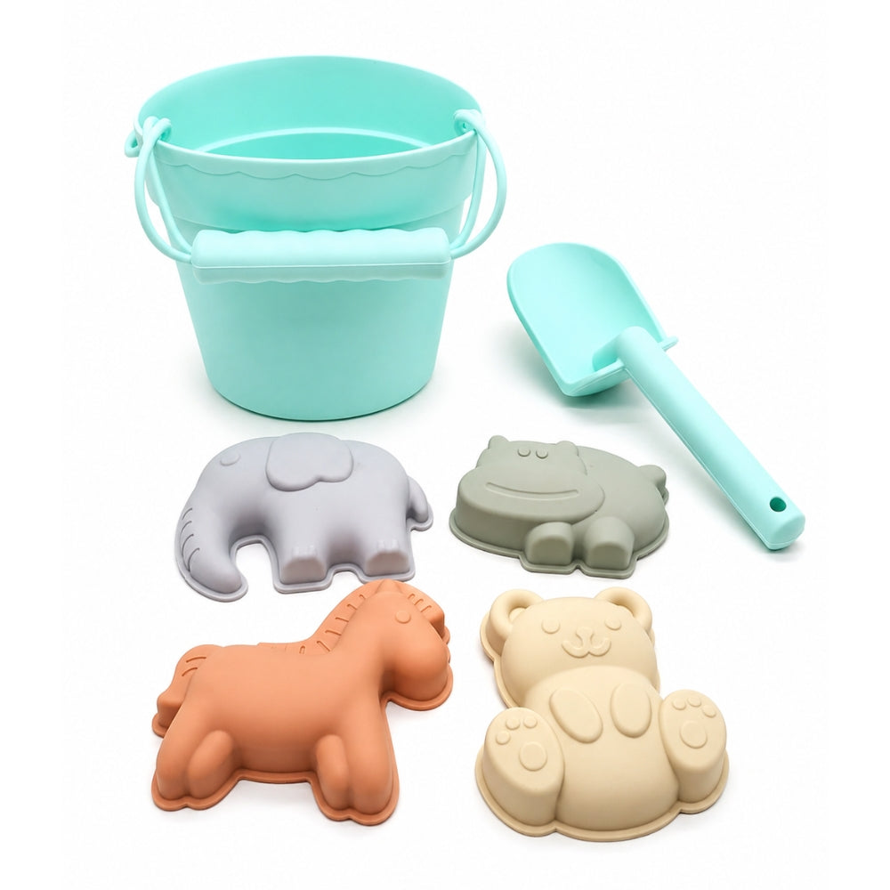 Jouets de plage en silicone (seau, pelle et 4 accessoires)