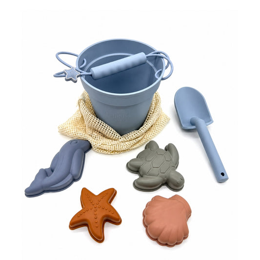 Jouets de plage en silicone (seau, pelle et 4 accessoires)