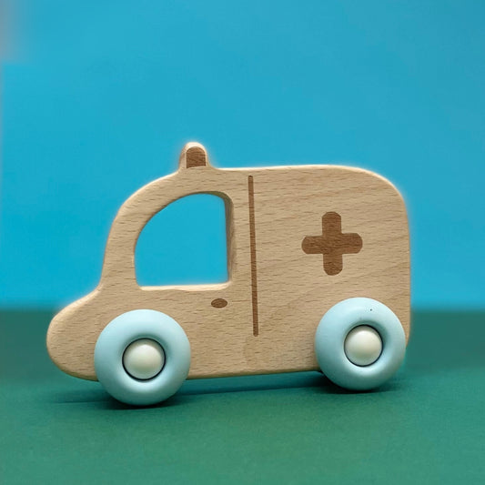 Jouet en bois et roues silicone - Petite Ambulance